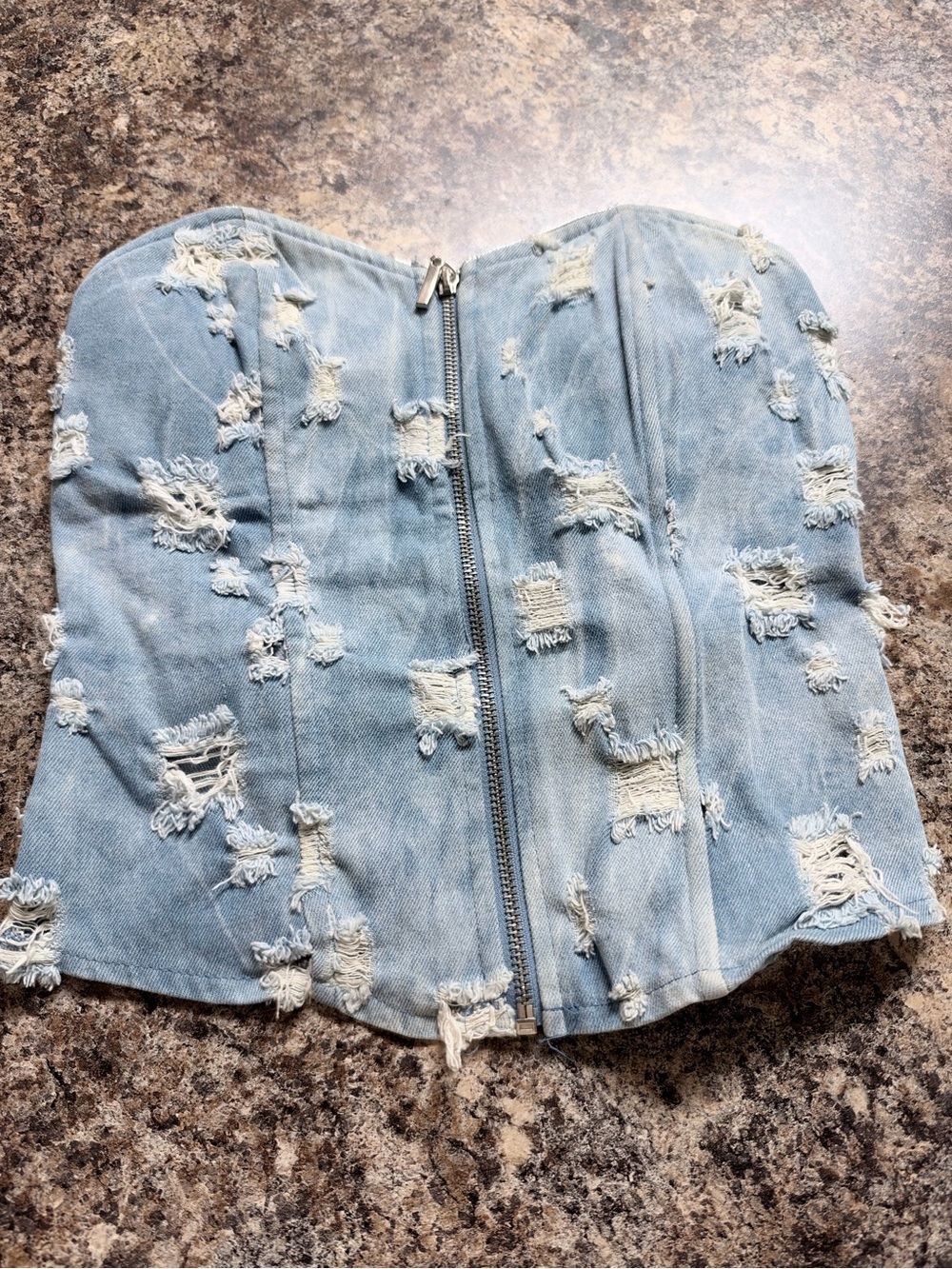 Light Wash Distressed Denim Corset Crop Top with Front Zip